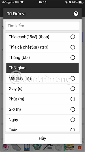 Chọn đơn vị đổi sang