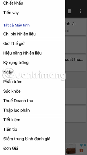 Chọn các tính năng trên ClevCalc