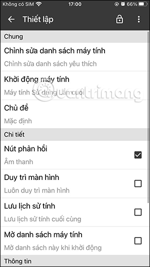 Thay đổi thiết lập ClevCalc