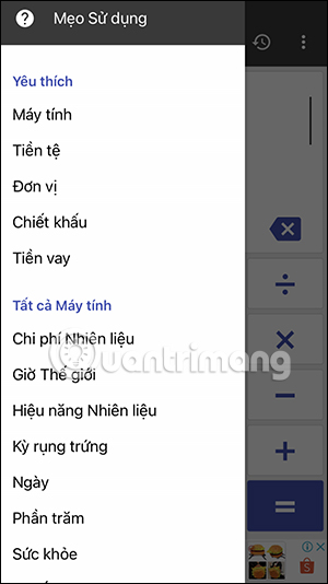 Tùy chọn ứng dụng ClevCalc