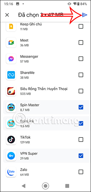 Chọn ứng dụng muốn gửi
