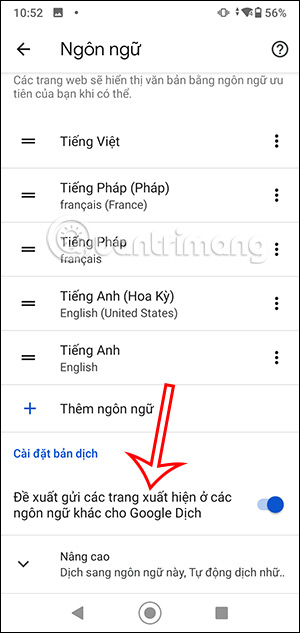 Tùy chọn pop-up Google Dịch Chrome Android