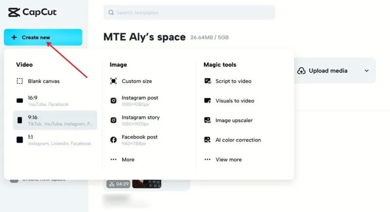 Nhấp vào nút Create new trong phiên bản web CapCut.