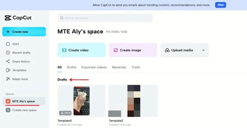Truy xuất template Instagram đã tạo trước đó trong CapCut.