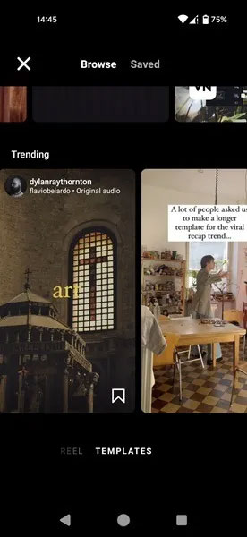 Các template Reel thịnh hành có sẵn trong ứng dụng Instagram.