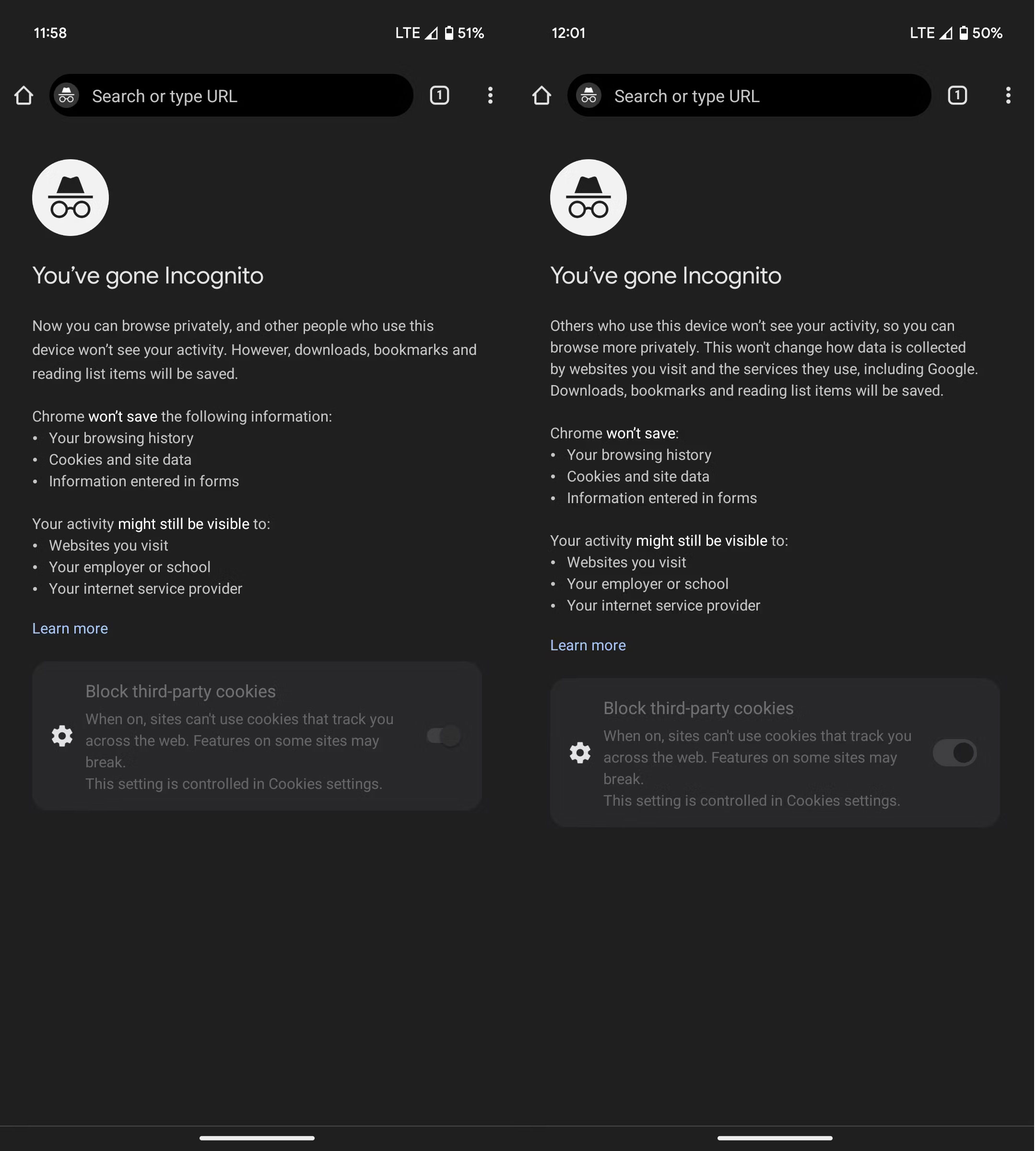 Thông báo NTP ẩn danh hiện tại của Google Chrome (trái) và thông báo NTP mới ở Canary (phải)