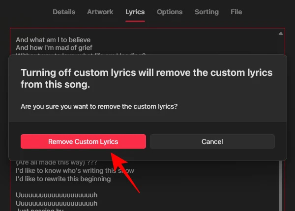 Đồng ý xóa lời nhạc đã thêm trong Apple Music