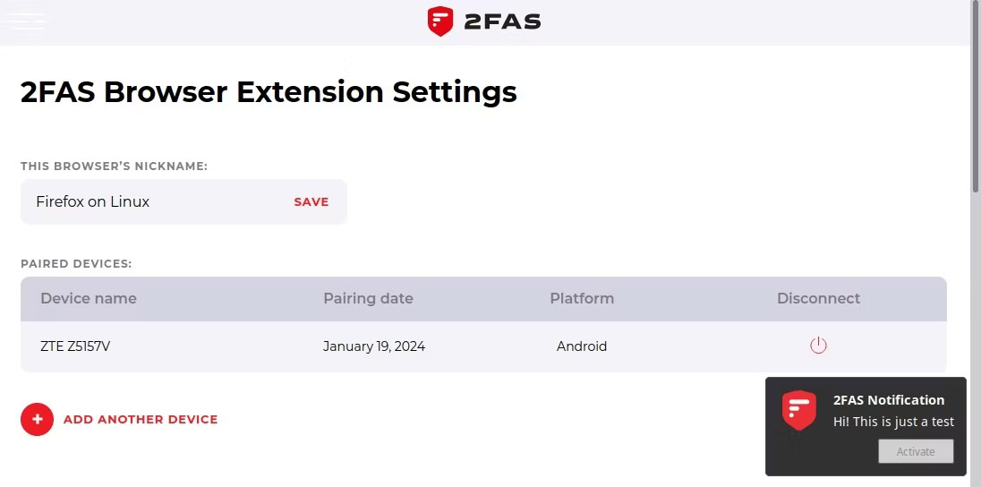 Quản lý cài đặt thiết bị thông qua menu cài đặt tiện ích mở rộng trình duyệt 2FAS