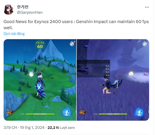 Exynos 2400 có thể duy trì tốc độ 60FPS ổn định khi chơi Genshin Impact