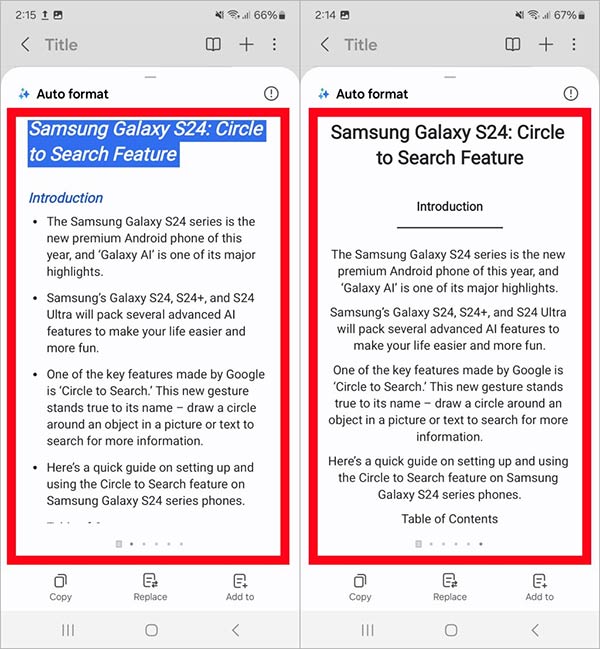 Tùy chọn định dạng ghi chú trên Galaxy S24