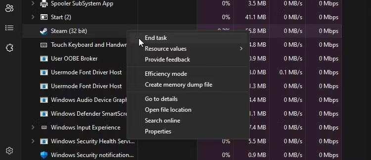 Kết thúc quá trình Steam thông qua Task Manager