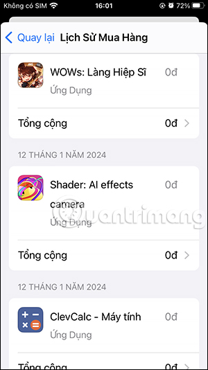Lịch sử mua hàng trên App Store