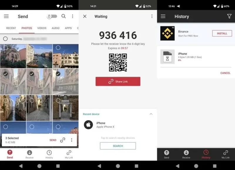 Giao diện ứng dụng Send Anywhere.