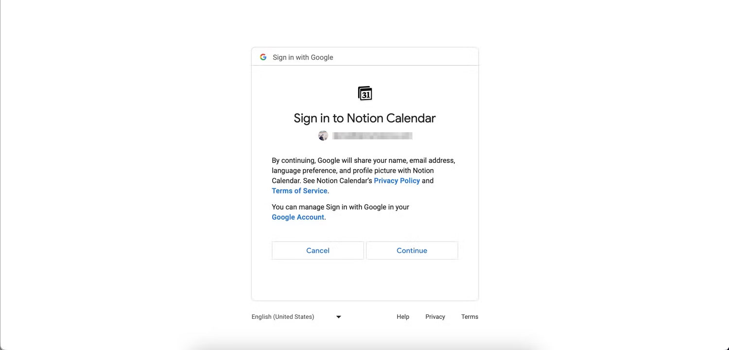 Đăng nhập vào Notion Calendar bằng tài khoản Google của bạn