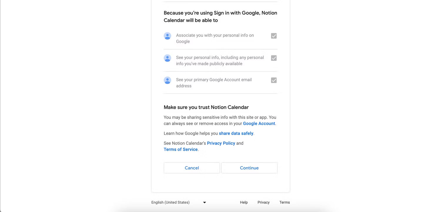 Tiếp tục đăng nhập bằng Google để tích hợp lịch với Notion