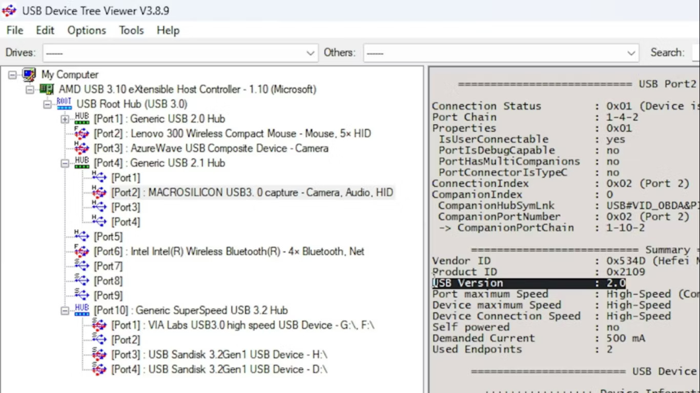 USB Device Tree Viewer hiển thị chi tiết về thiết bị USB được cắm vào