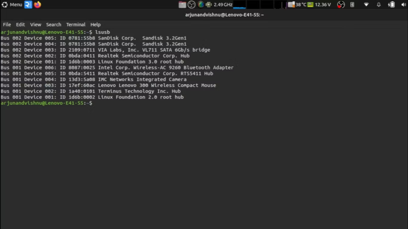 Linux terminal hiển thị đầu ra của lệnh lsusb