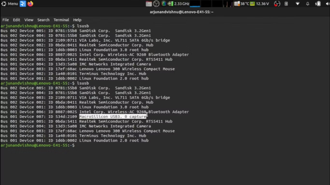 Linux Terminal hiển thị đầu ra của lệnh lsusb sau khi cắm vào thiết bị USB mới