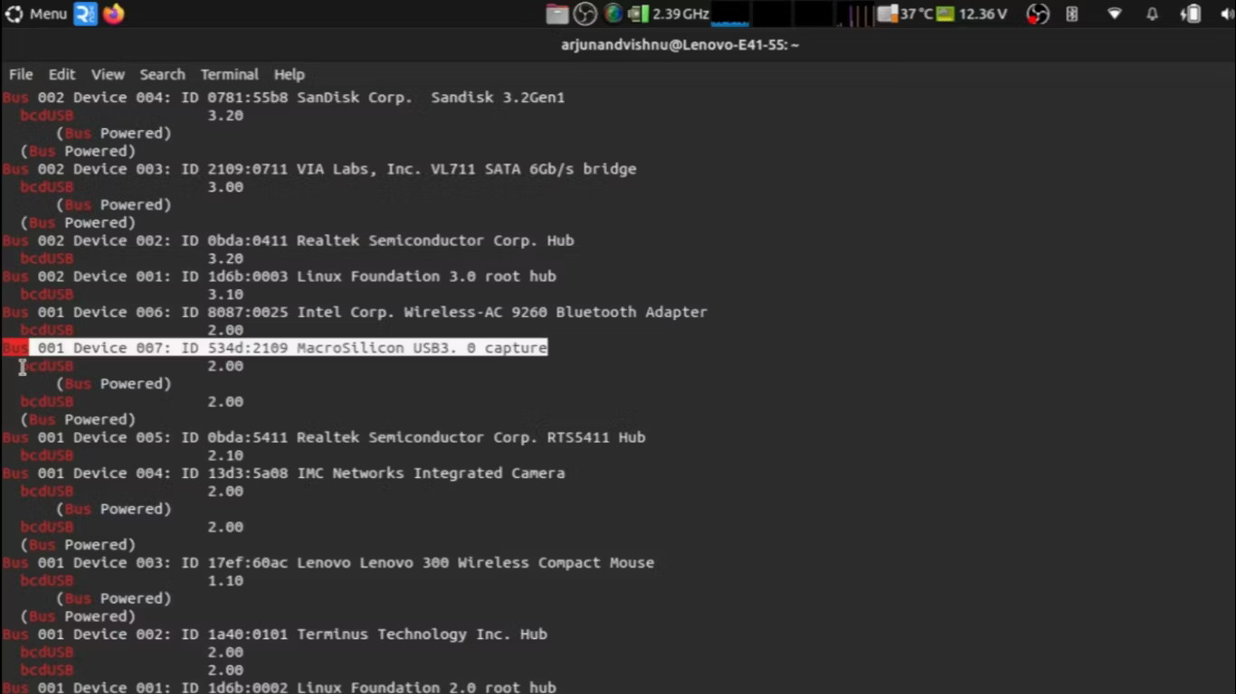 Linux Terminal hiển thị đầu ra của lệnh lsusb và bcdusb