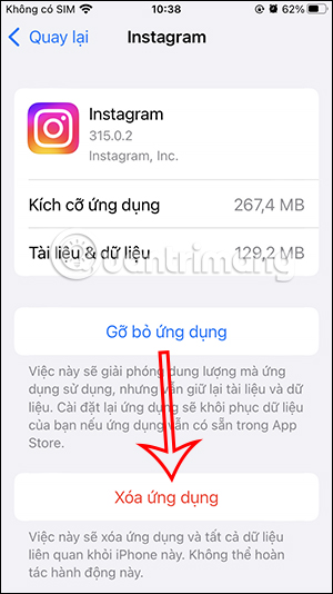 Xóa ứng dụng Instagram