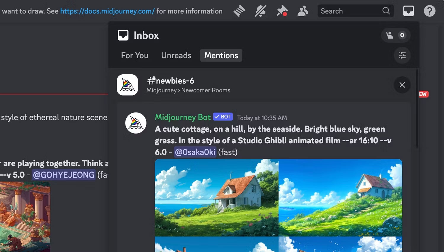 Discord inbox hiển thị lời nhắc Midjourney mới nhất