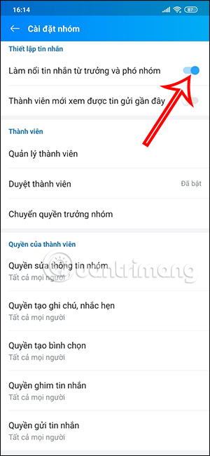 Bật nổi tin nhắn từ trưởng phó nhóm Zalo