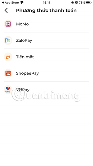 Chọn phương thức thanh toán trên bTaskee
