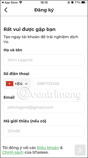 Đăng ký tài khoản bTaskee