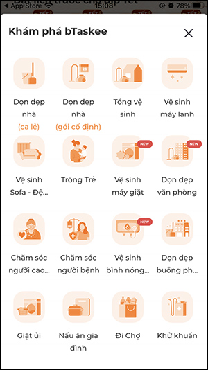Chọn dịch vụ trên bTaskee
