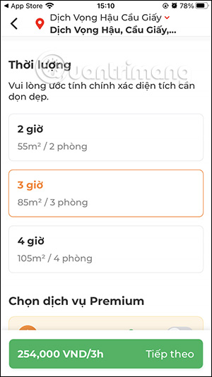 Chọn diện tích dọn dẹp