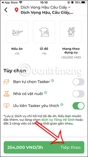 Chọn dịch vụ thêm