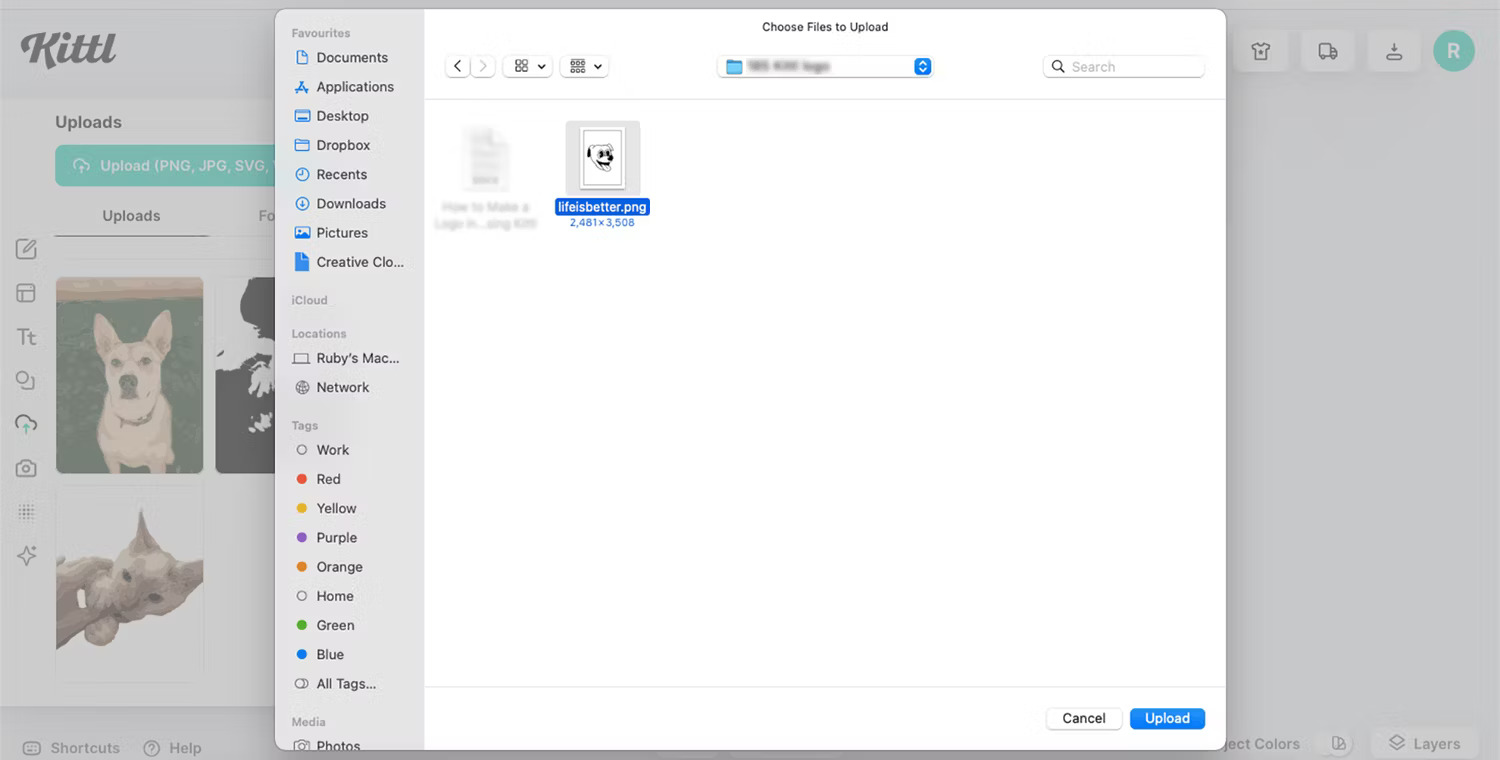 Upload file PNG lên Kittl