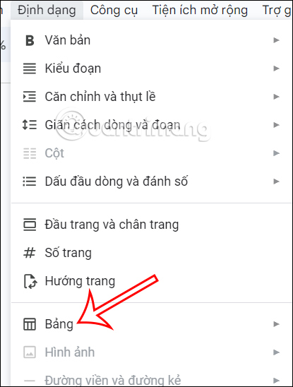 Định dạng bảng trong Google Docs
