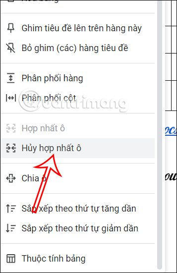 Tách ô trong bảng Google Docs