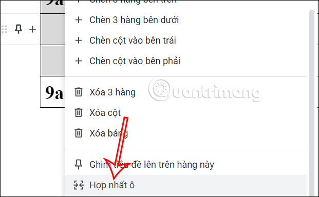 Hợp nhất ô cần gộp Google Docs