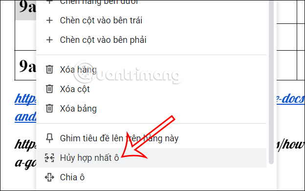 Hủy hợp nhất ô trong Google Docs