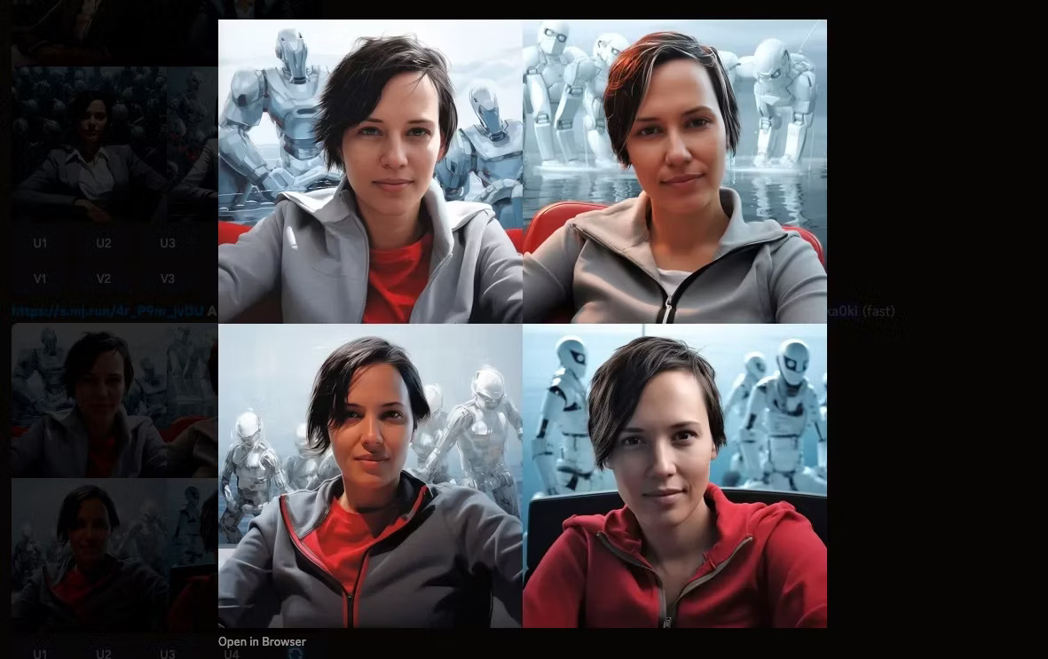 4 hình ảnh khác nhau do AI tạo ra về một người phụ nữ mặc áo hoodie được bao quanh bởi robot