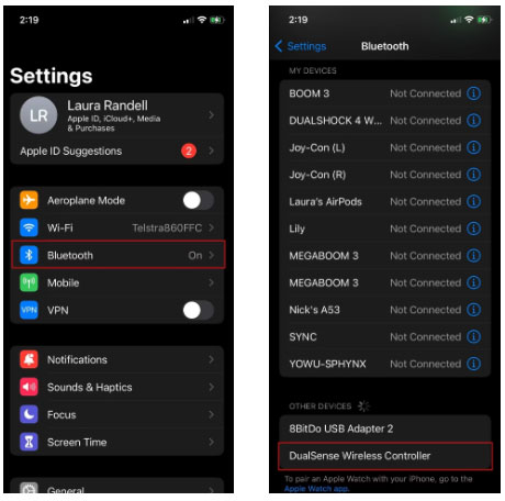 Tùy chọn DualSense Wireless Controller trong màn hình menu Bluetooth của iOS