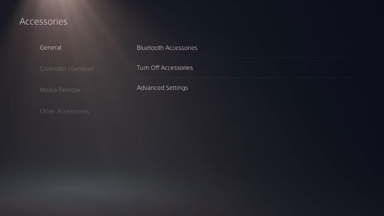 Tab Bluetooth Accessories trong General Settings của PS5