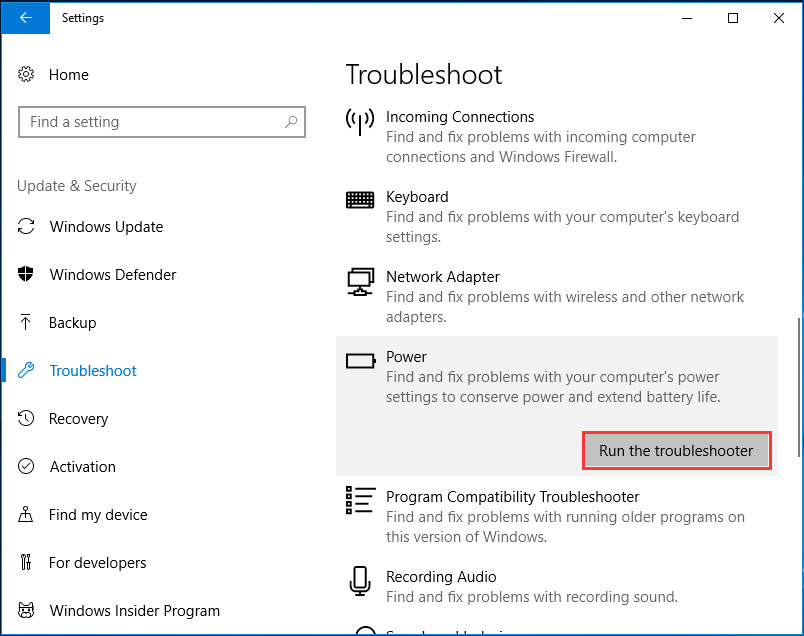 Chạy Windows Power Troubleshooter