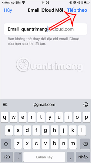 Nhập tên cho email iCloud