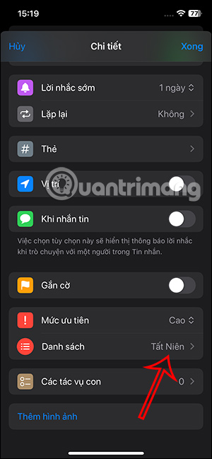 Thêm lời nhắc bào danh sách thông minh