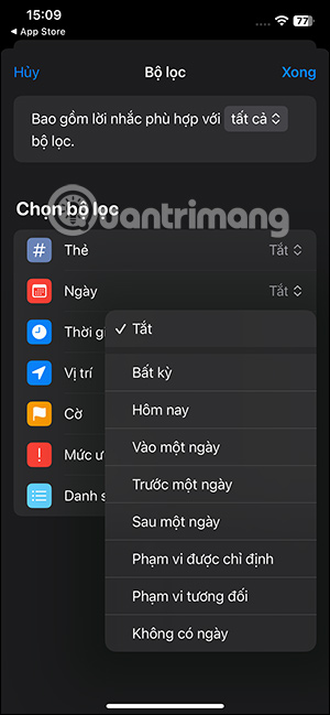 Chọn bộ lọc ngày cho danh sách thông minh