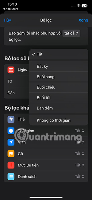 Chọn bộ lọc thời gian