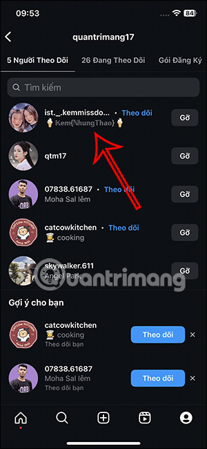 Dánh sách người theo dõi Instagram điện thoại