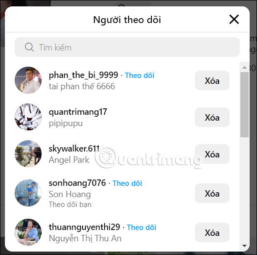 Dánh sách người đang theo dõi Instagram máy tính