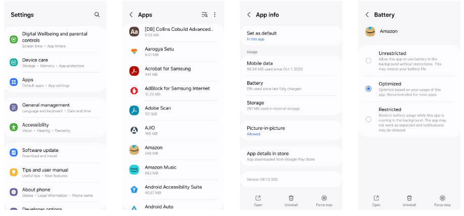 Installation of battery use for Amazon applications on Android