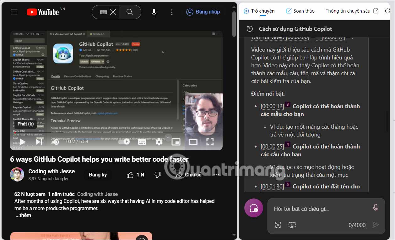 Nội dung tóm tắt video YouTube bằng Copilot