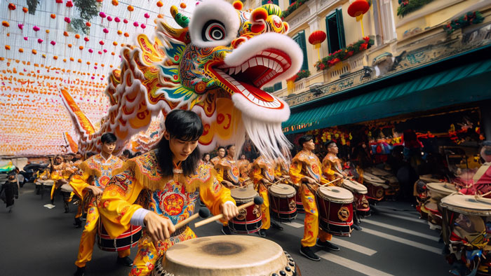 Hình ảnh rồng khá sặc sỡ trong đoàn múa rồng, có nhiều nét tương đồng thường thấy ở ngoài đời thực mỗi dịp Tết Nguyên đán.