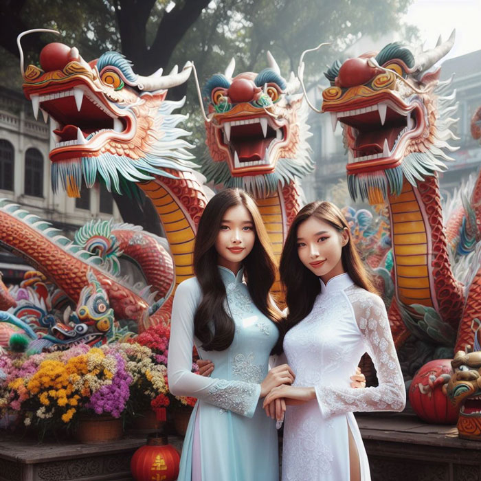 Hai cô gái mặc áo dài bên biểu tượng rồng. Nhìn vào bức tranh chúng ta dễ dàng nhận ra đây là tác phẩm của AI do trong tranh chỉ có 2 cô gái mà có tới 5 bàn tay.